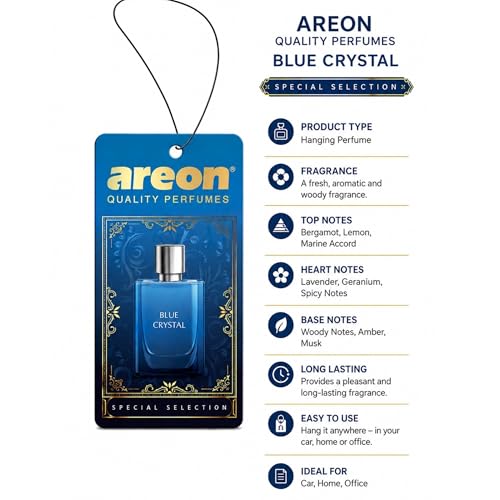Image of AREON Luxury Blue Crystal SS03 Car Hanging Air Freshener - Premium Vehicle Air Freshener, Long Lasting Car Perfume, Elegant Hanging Fragrance for Interior Odor Control - (Pack of 3)