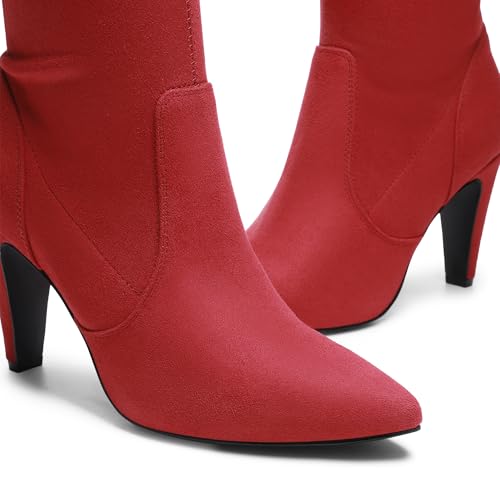 DREAM PAIRS Women's Thigh High Boots Over The Knee Heels Long Sexy Pointed Toe Boots,Size 7.5,Red/Suede,DOB214