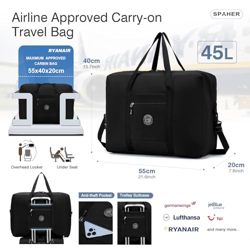 SPAHER Reisetasche 55x40x20 Handgepäck Tasche Ryanair Handgepäck 55x40x20 Tasche Flugzeug Groß Leichter Flugzeug Organizer Duffle Bag 45L Packbare Holdall Handtasche für Herren und Damen Schwarz