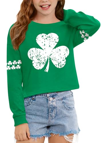 Image of Big Girl's St.Patrick's Green Long Sleeve Lucky Tops Cute Soft Funny Shamrock Tunics 12 Years