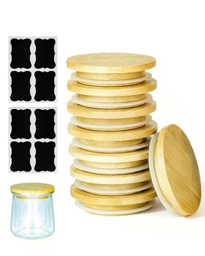 TERESRY 8 Pack Oui Yogurt Jar Lids with 8 Labels Food-Grade Bamboo Lids for 5Oz Oui Yogurt Jars Reusable Wooden Canning Covers Perfect for Oui Yogurt Bottle with Airtight Seal Ring(Jar not Included)