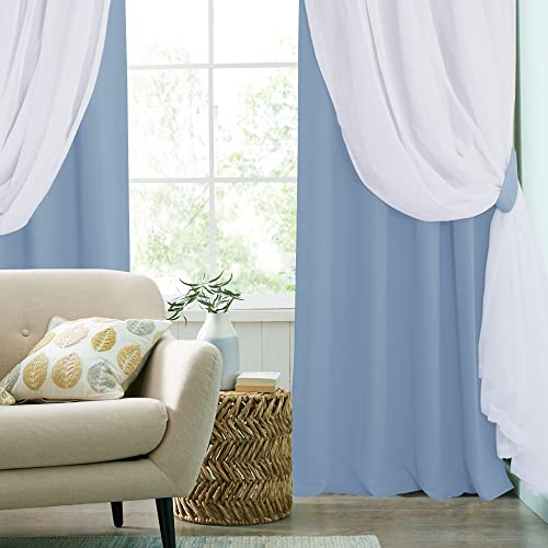 Image of PONY DANCE Curtains for Living Room, 52-inch Wide, Shadow Blue, Set of 2 | 84 inches Long Sheer Curtains with Blackout Panels Double Layered Blackout Home Decor