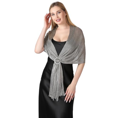Image of Stoles for Evening Dress with Buckle, Fringes - Polyester Blend, Shimmer Stole Wraps for Weddings, Party | Women's Clothing