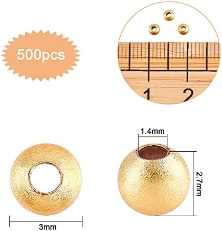 NBEADS 500 Pcs Brass Spacer Beads, Real 14K Gold Plated Beads Long-Lasting Plated Smooth Beads Round Brass Charms Beads for DIY Jewelry Making Findings, Hole: 1.4mm