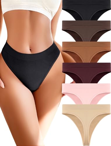 Image of READY TO LOVE Womens Underwear Breathable Seamless Thongs 6 Pack Comfortable No Show High Waisted Thong Tangas Panties