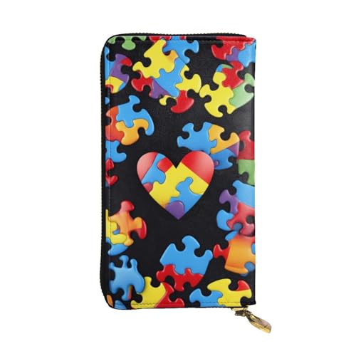 Autism Awareness Puzzle Pieces Heart Printed Long Wallet for Women Men Cute PU Leather Wallet with Coin Purse and Credit Card Holder