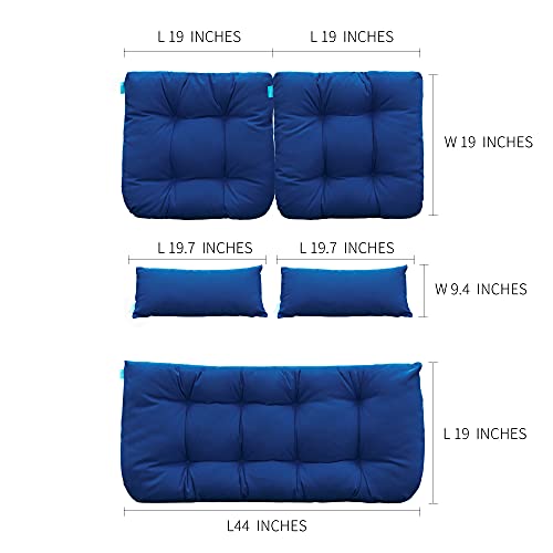 Image of QILLOWAY Outdoor Wicker Cushion Set of 5 - Waterproof Fade Resistant Patio Furniture Cushions, Loveseat 2 U-Shape 2 Lumbar Pillows for Porch, Bench, Backyard, Garden, Navy Blue