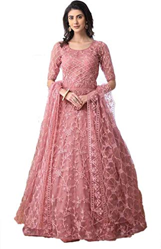 HH Creation Women's Chain Stitch Semi Stitched Net Anarkali Gown (Pink)