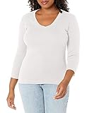 Three Dots Women's Essential Heritage 3/4 Sleeve V-Neck Tee, White, Large