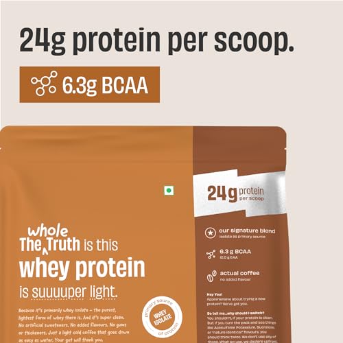 Image of The Whole Truth Whey Protein Isolate+Concentrate | Cold Coffee 1 kg (2.2 lbs) | 24g Protein per scoop | 6.4g BCAA | No Adulteration | Clean, Light & Easy to Digest | Vegetarian