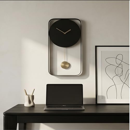 Image of The Artment your artistic apartment Black Mono Clock Modern Minimalist Wall Mounted Pendulum Clock, Brushed Metal Finish, Sculptural Luxury Decor for Living Room, Bedroom, Home & Office Interiors