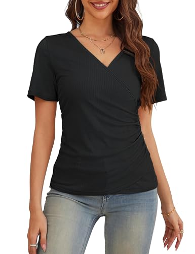 VOIANLIMO Women's Summer Tops Short Sleeve Slim Fitted Deep V Neck Cross Wrap Tunic T-Shirt Side ruched Shirring Tees3
