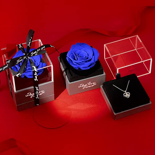 Aselfad Preserved Real Blue Rose With I Love You Necklace -Enchanted Rose Flowers Gifts For Mom Wife Girlfriend On Mothers Day Valentines Day Christmas Birthday Anniversary Romantic Gifts For Her #TOP2