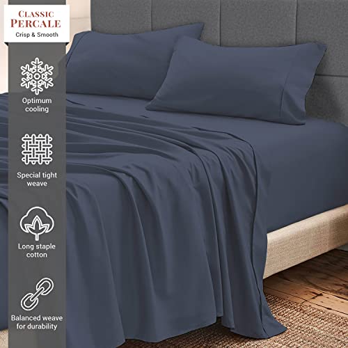 Pizuna Cotton Percale Double Bed Sheet Set Dark Blue - Image 2