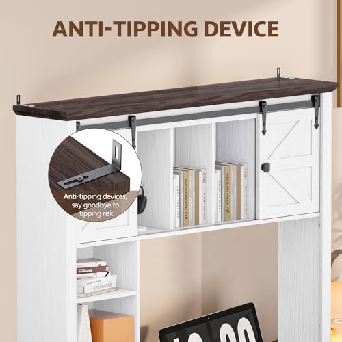 Image of Large Desktop Bookshelf with Sliding Barn Door, 47.2''W Desk Shelf Display Rack, Desktop Organizer Storage Rack with 7 Cubbies and Drawer, Home, Desk Shelf for Office, Dorm, Vanity, White