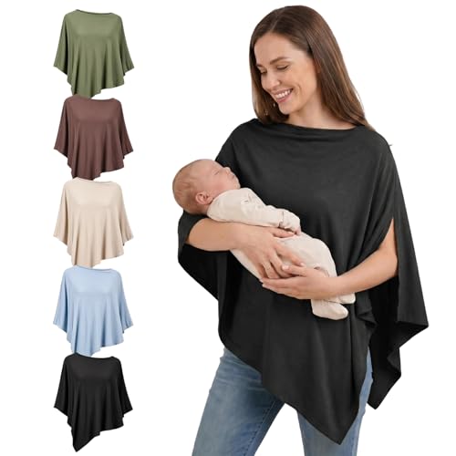 Fiohiros Breastfeeding Cover Soft Breathable Modal Nursing Cover for Mum 360 Full Coverage Breast Feeding Cover Up Multi-use Poncho Breastfeeding Cover for Stroller Car Seat Shawl (Black)