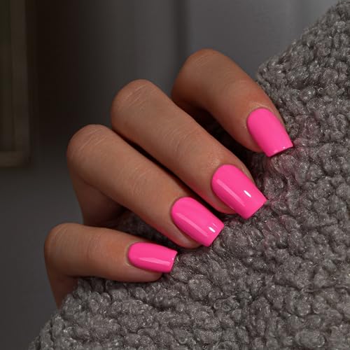 KQueenest Hot Pink Press On Nails Medium Square - Acrylic Press On Nails Short Coffin, Sheer Bright Neon Pink Fake Nails with Glue, Vibrant Opaque, Reusable Soft Gel Glue on Nails for Women, 28 Pcs