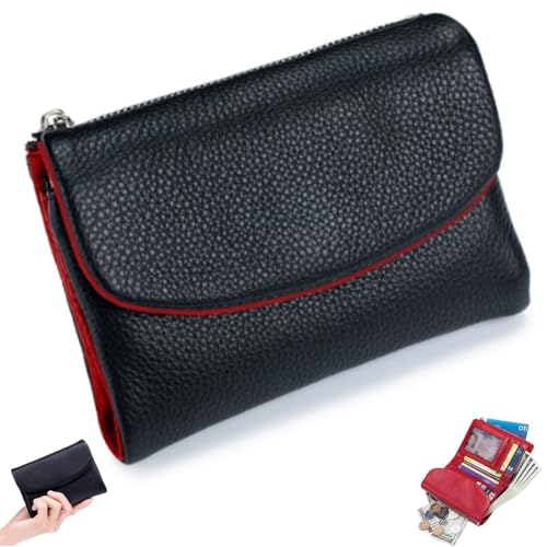 Joyfullygo Wallet,Unisex Pebble Leather Wallet,Relevantk Womens Soft Small With Rfid Anti-Theft Protection Waterproof And Large Capacity(BlackwithRed)