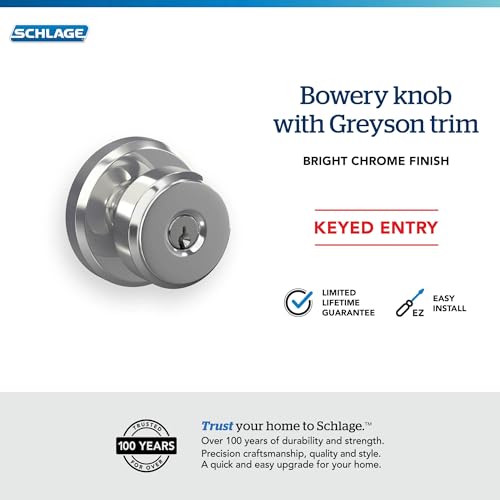 Image of SCHLAGE F51A BWE 625 GSN 619 Bowery Knob with Greyson Trim Keyed Entry Lock, Bright Chrome with Satin Nickel Interior