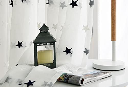 Simple Style Nursery Star Pattern Embroidered Sheer Curtains Drape Fabic Rod Pocket Top Style for Living Kids Baby Room Bedroom Kitchen(1 Panel, W 100 x L 84 inch, Blue)