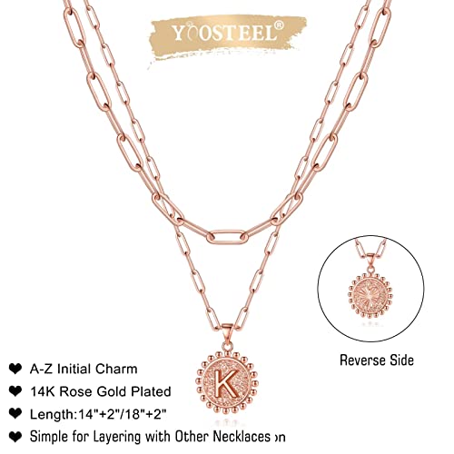 Yoosteel Layered Necklaces for Women, 14K Rose Gold Plated Dainty Layering Paperclip Link Chain Necklace Choker Personalized K Letter Coin Pendant Layered Initial Necklaces for Women Gifts - Thumbnail 5