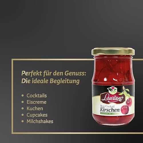 Luciano Cocktail Kirschen 125g - Maraschino Cocktailkirsche ohne Kern Sauerkirschen im Glas mit Stiel eingelegt in Sirup