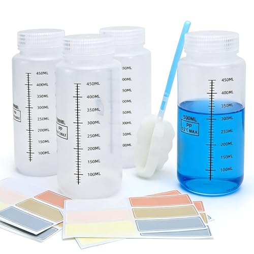 TUZHE Lot de 4 bouteilles à col large de 500 ml - Bouteilles de stockage de liquide de qualité laboratoire pour flacons à pilules, bouteilles d'échantillons d'eau, flacons à essai en polypropylène