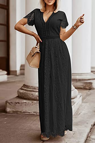 Merokeety Women's V Neck Short Sleeve Floral Lace Wedding Dress Bridesmaid Cocktail Party Maxi Dress Black #TOP1