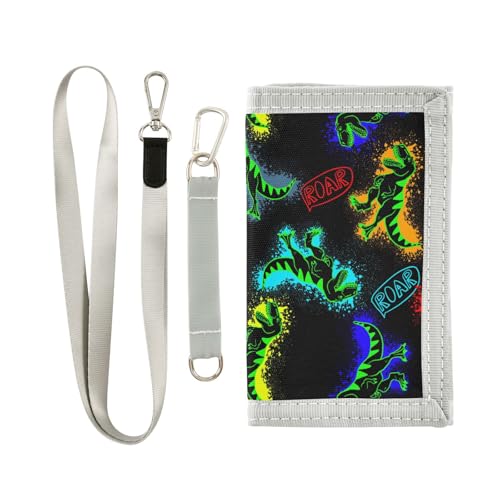 JHKKU Cool Dinosaur Kids Wallet for Boys Girls, Teen Canvas Trifold Purse with Zipper Coin Pocket