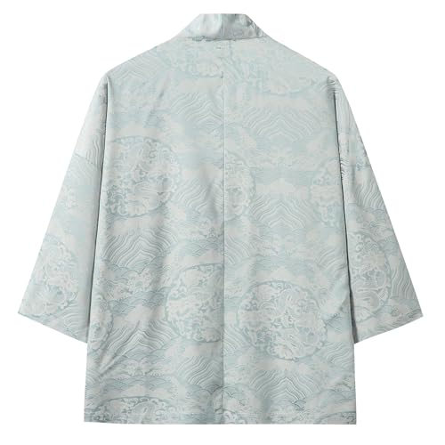 Image of Mens Japanese Kimono Cardigan Cotton Linen Haori Fashion 3 /4 Sleeve Yukata | Shawl Collar Kimono Jacket Robe Embroidery Patchwork Happi Coat Tie Pockets Lightweight Outerwear Daily Casual All Seasons