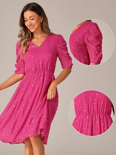 Image of Allegra K Chiffon Dress for Women's Metallic Stars Ruched Sleeve V Neck A-line Dress