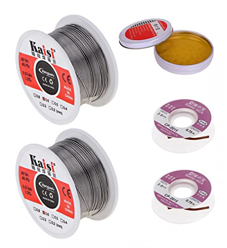 2Pack Solder Soldering Wire 60-40 Fine 0.6mm Reel Tin Lead Rosin Core + 2Pack Solder Wick No-Clean Desoldering Wick Braid + Soldering Rosin Flux Paste for Electronics Repairing DIY