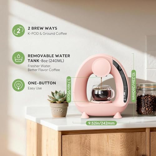 Image of DNESHY Mini Coffee Maker Machine (1 Piece, Compact Size), Single Serve Coffee Brewer for Ground Coffee & Pods, Portable Coffee Machine with Cup, Fast Hot Coffee Maker for Home & Office (Pink)
