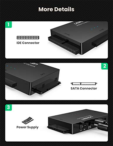 UGREEN Adattatore SATA IDE USB 3.0 per SSD HDD 2.5’’/3.5’’16TB, Cavo SATA IDE USB 3.0 con Alimentatore DC 12V e Cavo 4 Pin di Ricarica, SATA Adapter per WD Toshiba Seagate Samsung Hitachi ECC.