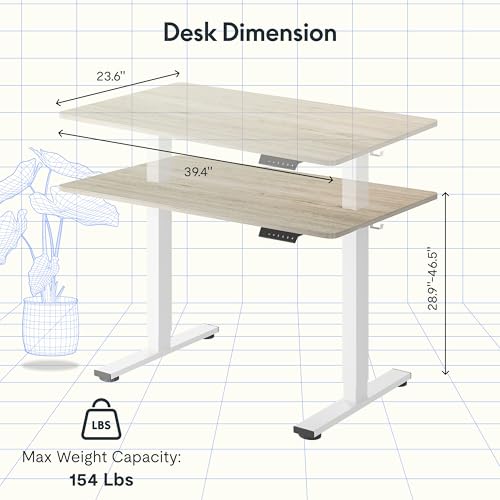 FLEXISPOT EN1 One-Piece Standing Desk, 40 x 24 Inches Electric Height Adjustable Desk for Home Office (White Frame + White Wood Grain Desktop)