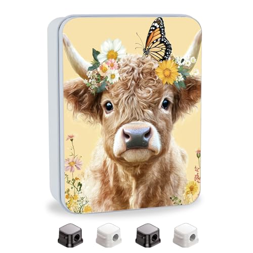 Image of Metal Tin Box with Lid,Multi-functional Storage Box Can Store Tea Biscuits Game Cards, Playing & Tarot Cards-Comes with 4 Magnetic Cord Clips,Cute Cow Butterfly