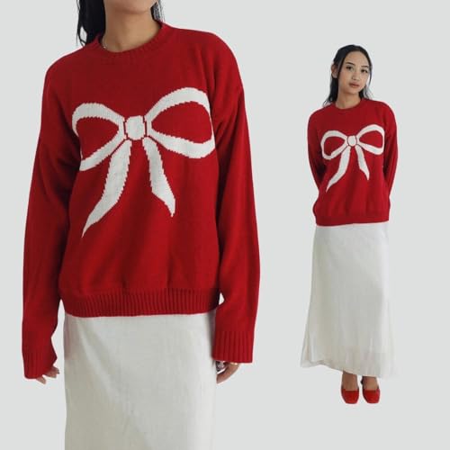 Image of Women Cute Bow Knit Sweater Y2k Long Sleeve Crew Neck Knitted Pullover Top Oversized Going Out Fall Winter Knitwear