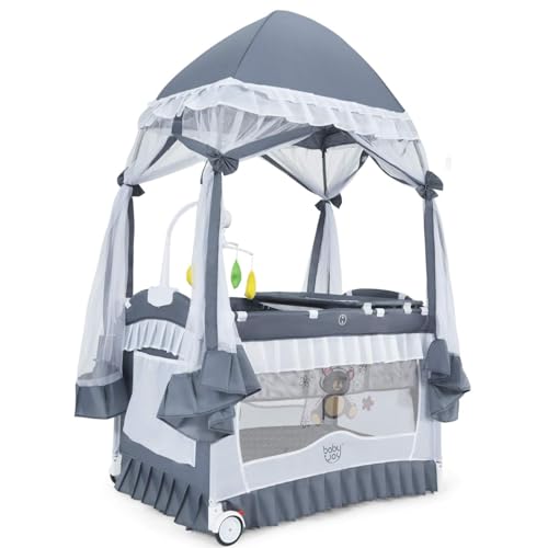 BABY JOY 4 in 1 Pack and Play with Extended Canopy, Portable Baby Playard with Bassinet, Side Zipper Entrance, Whirling Toys, Wh
