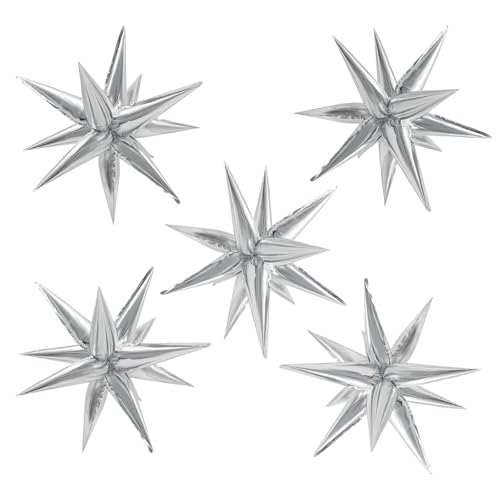 Silver 60 Pcs Star Balloons Explosion 12 Point Cone Balloon Metallic Mylar Spike Balloons for Party Decor Weddings Birthday Anniversary Party Backgrounds