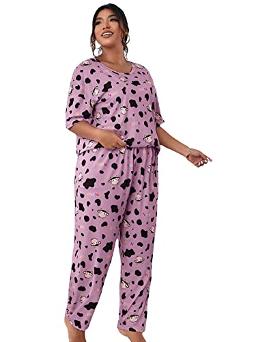 Wdirara Women's Plus Size 2 Piece Sleepwear Cow Print Short Sleeve Top And Pants Pj Set Cartoon Purple 4Xl #TOP11