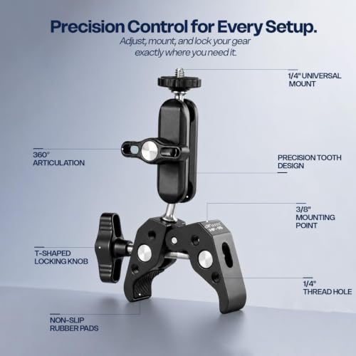 Image of Hiffin HF-15 Super Clamp Mount for Camera, Mobile, LED Light & Action Camera | 360 Adjustable | CNC Aluminium Alloy | 1 /4 inch & 3 /8 inch Thread | Heavy Duty Clamp