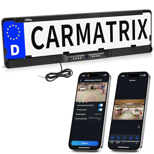 CARMATRIX WLAN Funk Rückfahrkamera im Kennzeichenhalter für Smartphone | HD Rückfahrsystem mit App-Steuerung für iOS & Android KI Personen- & Fahrzeugerkennung IR Nachtsicht Foto & Video