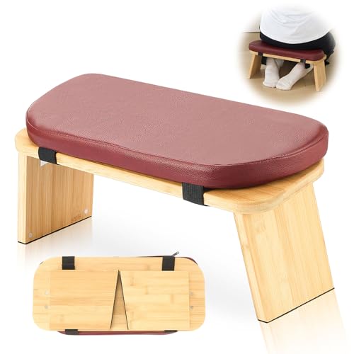 Folding Meditation Bench with Leather Cushion Bamboo Stool Comfortable Prayer Seat Seiza Meditation Chair for Yoga, Travel, Pray, Zen Practice Stool