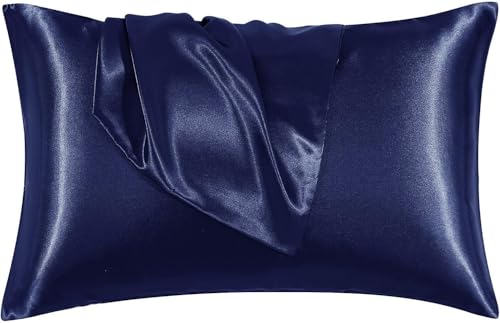 Image of Satin Pillow Covers Set of 2 - Soft & Smooth Pillowcases for Hair & Skin Care | Envelope Closure | Includes 3 Free Random Color Scrunchies | Frizz-Free Sleep Essentials (Navy Blue)