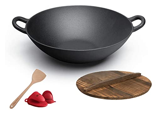 Wok de hierro fundido con tapa de madera