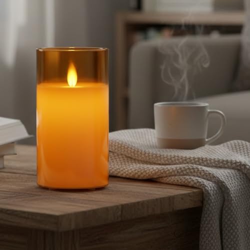 Image of LTETTES Real Wax LED Glass Pillar Flameless Rechargeable Candles | Amber Gold Glass | USB Type-C Wireless Charging Cable | Remote Control Included | Home Decor & Gifting | Set of 1 (7.5 x 15.8 cm)