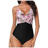 Damen Badeanzug Spleißen Blumenmuster Schwimmanzu mit Overall Figurformend Bauchweg Schwimmanzug Bademode Einteiler Swimwear Schlankheits Swimsuit Rückenfrei Monokini für Sommer Strandmode