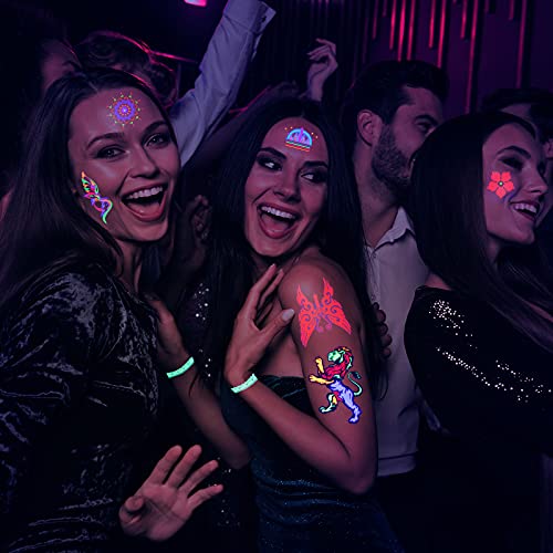 12 Sheets Large Glow In The Dark Tattoo Neon Temporary Makeup, Rave Festival Accessory, Fake Face Butterfly Tattoo Uv Blacklight For Women Party Supplies (Harajuku Style) #TOP5