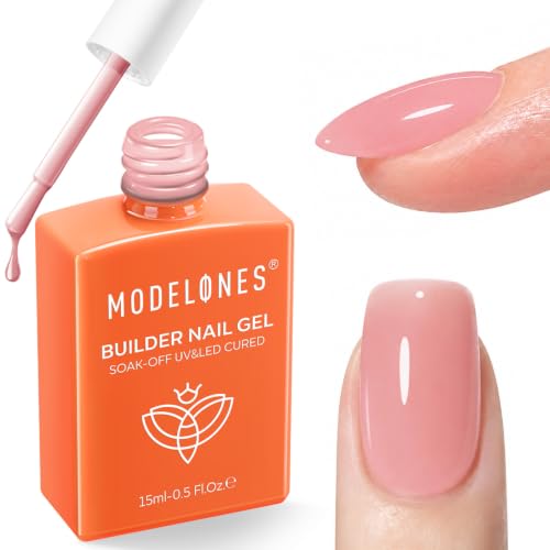 Image of modelones Builder Nail Gel, Peachy Nude Builder for Nails, Translucent Pink Color Rubber Base Gel Polish for Natural Overlay, Apex Building, Short Extension, Self-Leveling Beginner U V /LED Cured