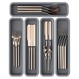 5 Pack Silicone Drawer Organizer for Kitchen, DIY Free Combination Silverware Organizer, Utensil Drawer Organizer, Moisture-proof and Heat-resistant up to 200°C, Anti-slip and Environmentally (Grey)